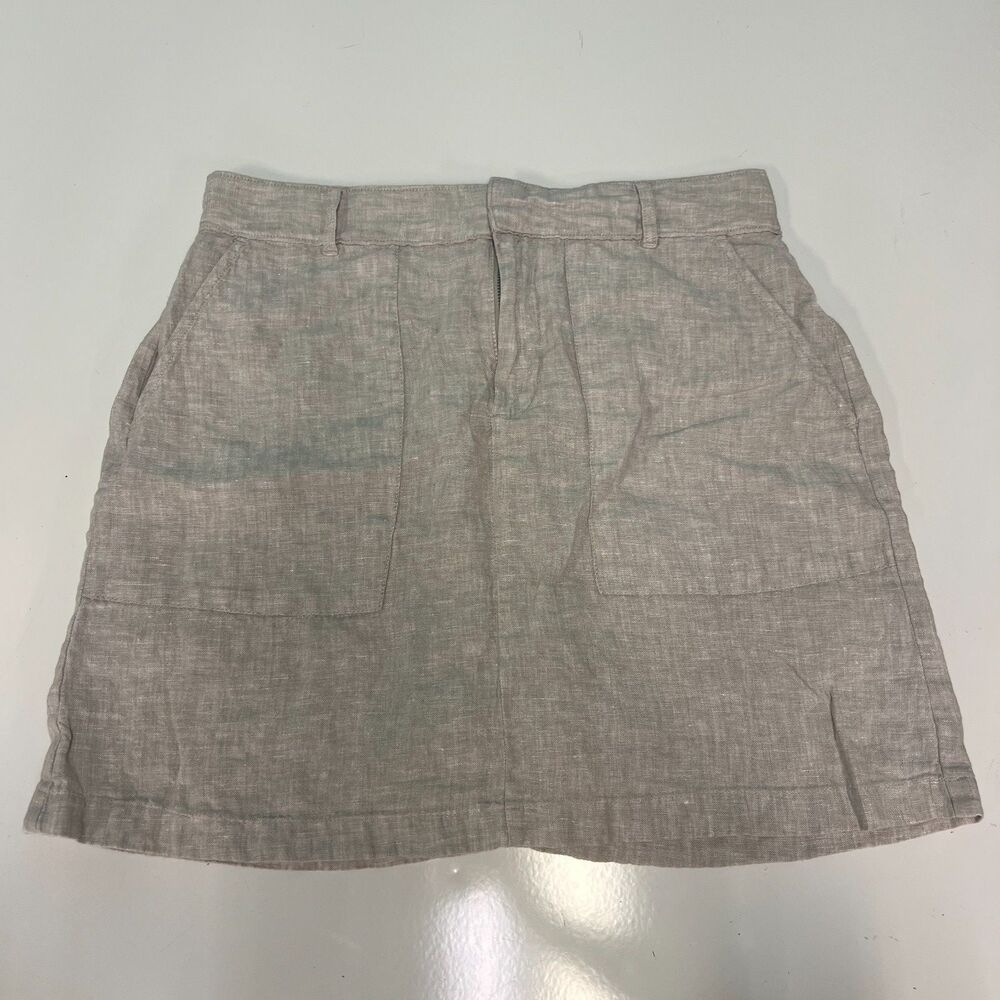 Nicole Miller Womens L Linen Skirt Tan Natural Pull On Elastic Waist Pockets